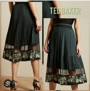 Ted Baker Black Pleated Midi Skirt with Green Floral Trim